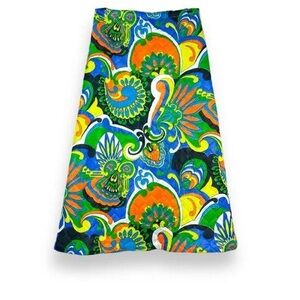 VTG 70s Colorful Psychedelic Paisley Quilted Elastic Waist Plus Size Midi Skirt